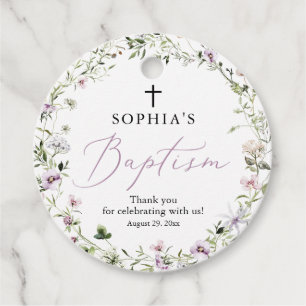 Wildflower Purple Baptism Round Favour Tags Girl