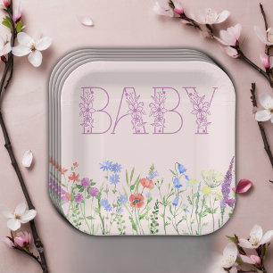 Wildflower Purple Floral Baby Monogram Baby Shower Paper Plate