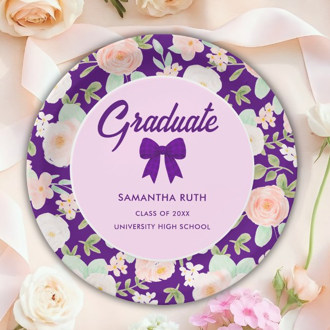 Wildflower Purple Gingham Bow Graduation Party Paper Plate (Creator Uploaded)