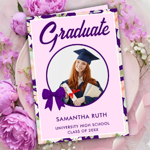 Wildflower Purple Gingham Bow Photo Graduation  Card