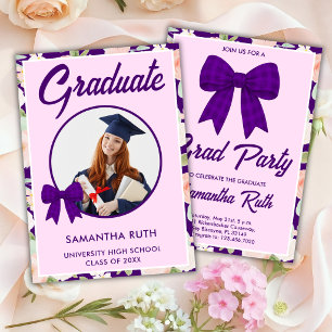 Wildflower Purple Gingham Bow Photo Graduation Invitation