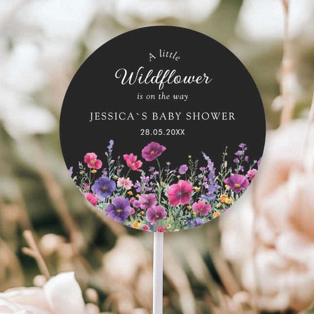 Wildflower, Purple-Pink-Flower Baby Shower Classic Round Sticker (Personalized, Wildflower, Purple-Pink-Flower Baby Shower Classic Round Sticker with your Name & Date)