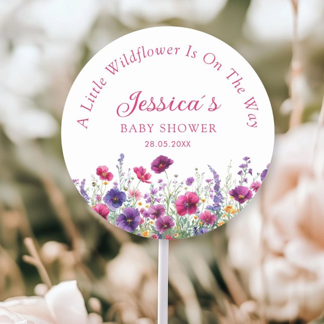 Wildflower, Purple-Pink-Flower Baby Shower Classic Round Sticker (Personalized, Wildflower, Purple-Pink-Flower Baby Shower Classic Round Sticker with your Name & Date)