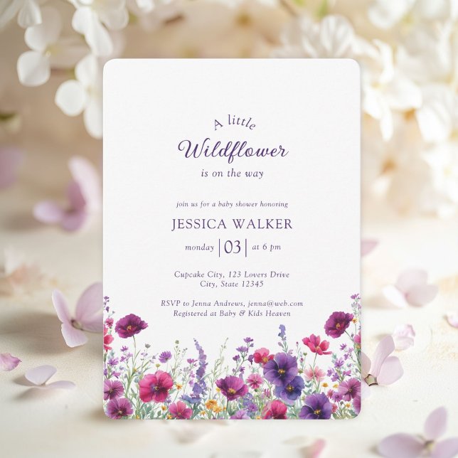 Wildflower, Purple-Pink-Flower Baby Shower Invitation (Wildflower, Purple-Pink-Flower White Baby Shower Invitation. For Baby Girl & Baby Boy.)