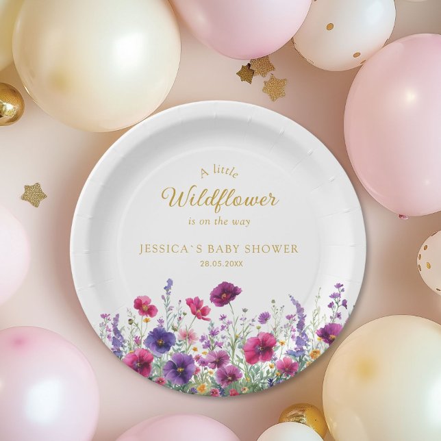 Wildflower, Purple-Pink-Flower Baby Shower  Paper Plate (Wildflower, Purple-Pink-Flower Custom Baby Shower Paper Plates.)