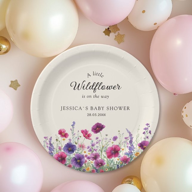 Wildflower, Purple-Pink-Flower Baby Shower  Paper Plate (Wildflower, Purple-Pink-Flower Custom Baby Shower Paper Plates.)