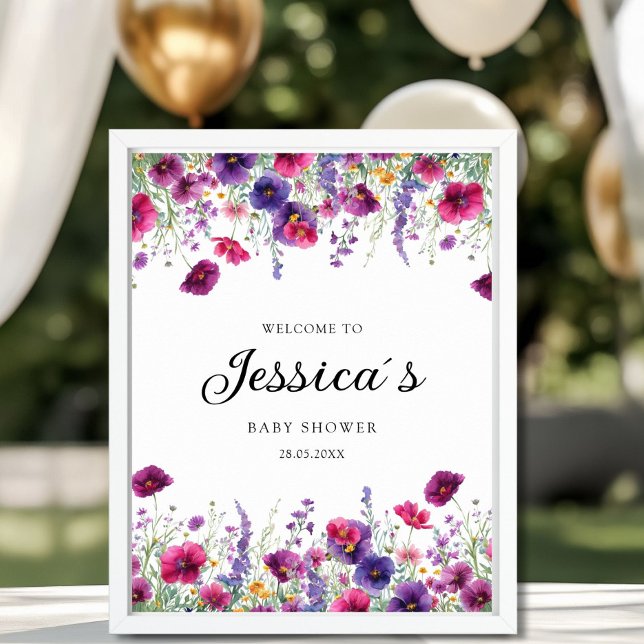 Wildflower, Purple-Pink-Flower Baby Shower Poster (Elegant, White, Minimal Wedding Welcome Poster, Pink, Purple, Wildflowers with your Name & Date.)