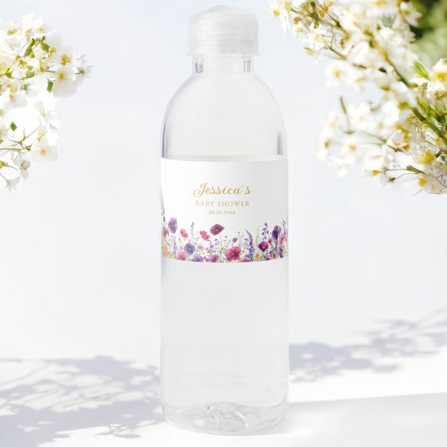Wildflower, Purple-Pink-Flower Baby Shower  Water Bottle Label (Wildflower, White-Purple-Pink-Flower Baby Shower Water Bottle Label with your Name and Date.)