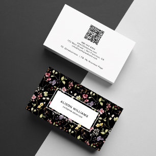 Wildflower QR Code Spring Floral Black Business Card