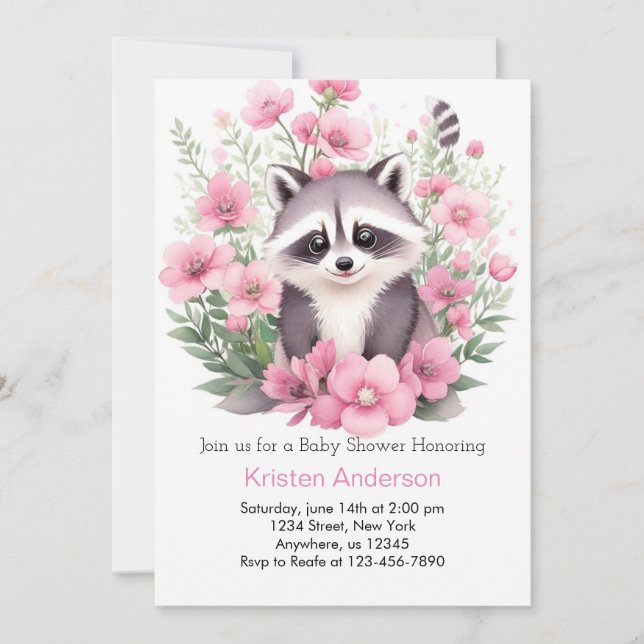Wildflower Racoon Pink Adventure Girl Baby Shower Invitation (Front)