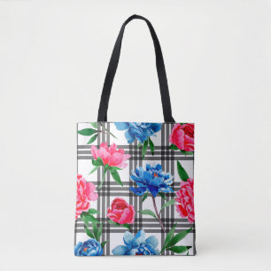 Wildflower red and blue peonies flowers pattern in tote bag