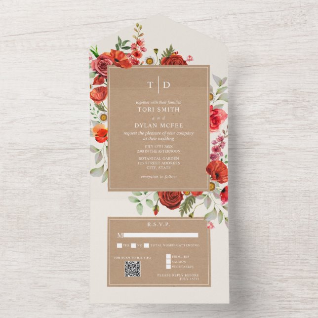 Wildflower Red Floral Cardstock Wedding RSVP QR All In One Invitation (Inside)