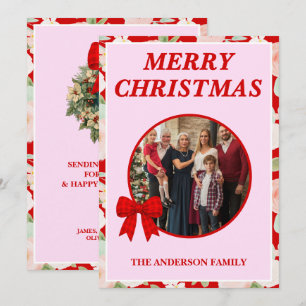 Wildflower Red Gingham Bow Family Photo Christmas Holiday Card