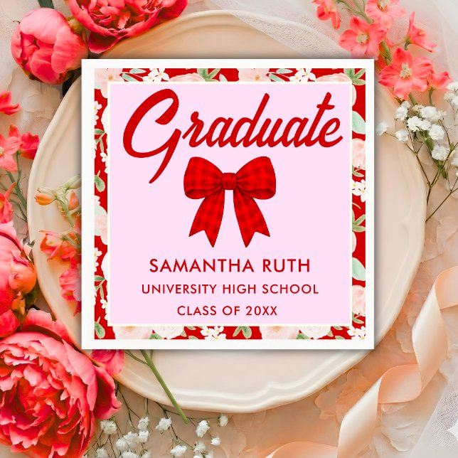 Wildflower Red Gingham Bow Graduation Party Napkin (Creator Uploaded)