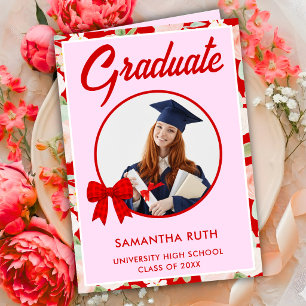 Wildflower Red Gingham Bow Photo Graduation Card