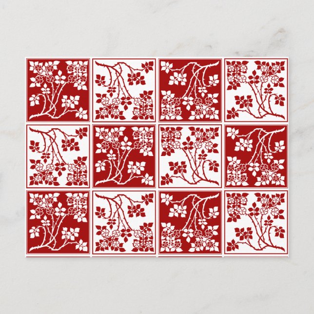 Wildflower Red White Tiled Pretty Floral Chequered Postcard (Front)