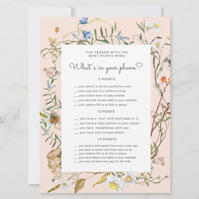 wildflower rustic Baby Shower phone game card (Front)