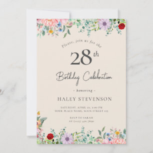 Wildflower Rustic Boho 28th Birthday Simple Beige Invitation