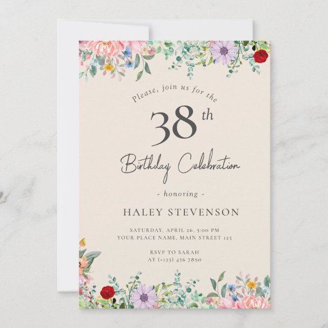 Wildflower Rustic Boho 38th Birthday Simple Beige Invitation (Front)