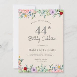 Wildflower Rustic Boho 44th Birthday Simple Beige Invitation