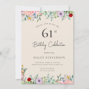 Wildflower Rustic Boho 61st Birthday Simple Beige Invitation