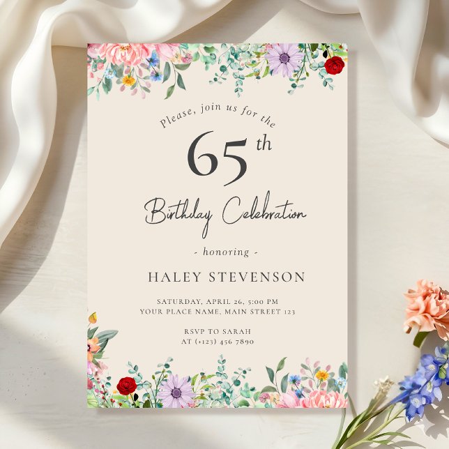 Wildflower Rustic Boho 65th Birthday Simple Beige Invitation (Creator Uploaded)