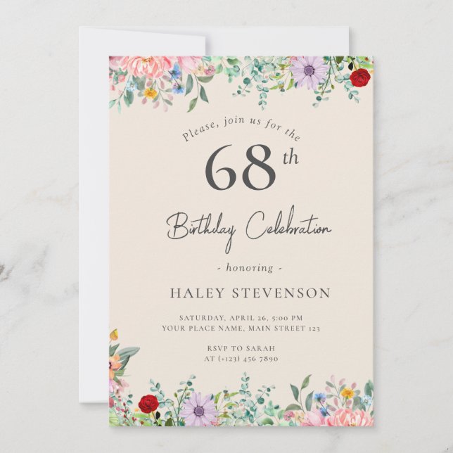 Wildflower Rustic Boho 68th Birthday Simple Beige Invitation (Front)