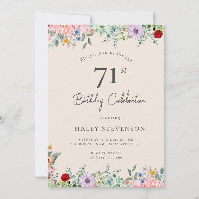 Wildflower Rustic Boho 71st Birthday Simple Beige Invitation (Front)