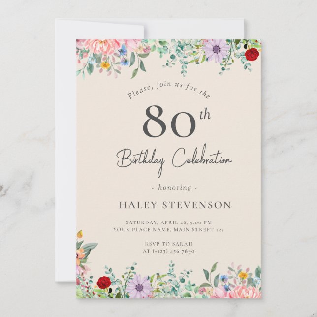 Wildflower Rustic Boho 80th Birthday Simple Beige Invitation (Front)