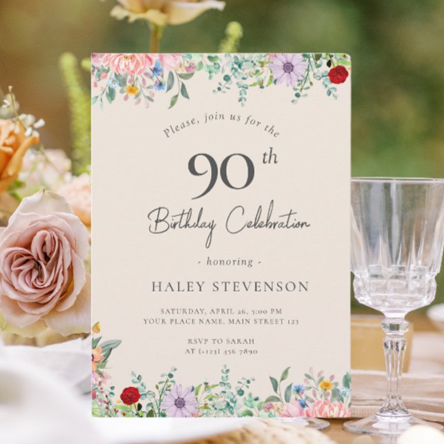 Wildflower Rustic Boho 90th Birthday Simple Beige Invitation (Creator Uploaded)