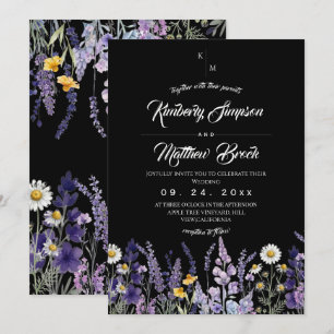  Wildflower Rustic Boho Black Wedding  Invitation