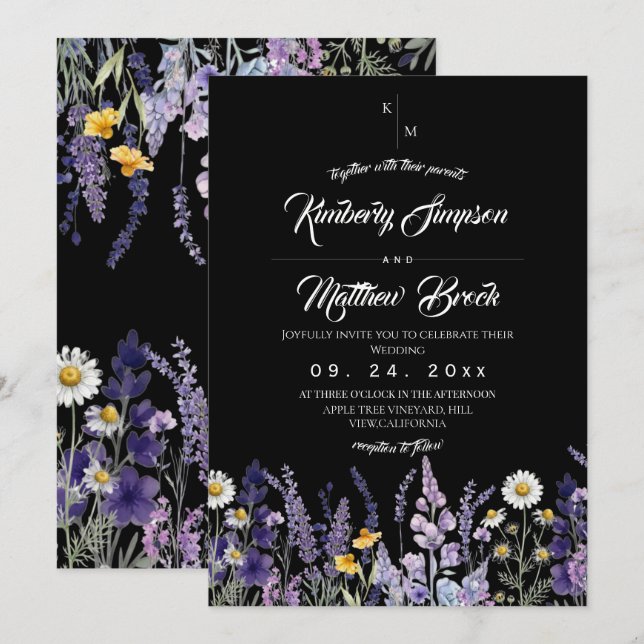  Wildflower Rustic Boho Black Wedding  Invitation (Front/Back)