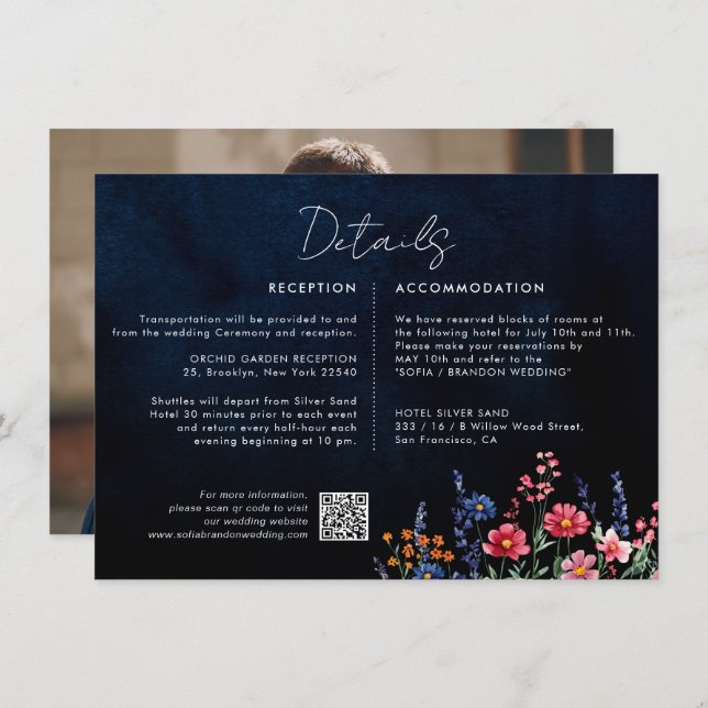 Wildflower Rustic Boho Floral Navy Wedding Details Enclosure Card (Front/Back)