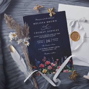 Wildflower Rustic Boho Navy Chic QR Code Wedding Invitation