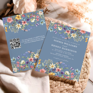 Wildflower Rustic Chic Blue Wedding QR Code  Invitation