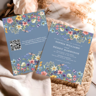 Wildflower Rustic Chic Blue Wedding QR Code  Invitation