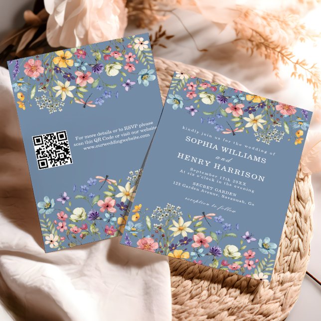 Wildflower Rustic Chic Blue Wedding QR Code  Invitation (Creator Uploaded)