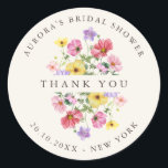 Wildflower Rustic Chic  Bridal shower thank you Classic Round Sticker<br><div class="desc">Celebrate your love story with this elegant floral bridal shower thank you sticker. featuring a charming watercolor wild flower design and modern calligraphy script. Perfect for a garden wedding, outdoor ceremony, or rustic boho celebration, this design blends whimsical floral elements with timeless elegance. Ideal for summer or spring weddings, the...</div>