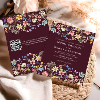 Wildflower Rustic Chic Burgundy Wedding QR Code  Invitation