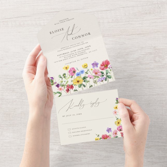 Wildflower Rustic Chic Floral Boho Country Wedding All In One Invitation (Tearaway)