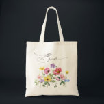 Wildflower Rustic Chic Floral Boho Country Wedding Tote Bag<br><div class="desc">Celebrate your love story with this elegant floral bride tote bag featuring a charming watercolor wild flower design and modern calligraphy script. Perfect for a garden wedding, outdoor ceremony, or rustic boho celebration, this design blends whimsical floral elements with timeless elegance. Ideal for summer or spring weddings, the vibrant botanical...</div>