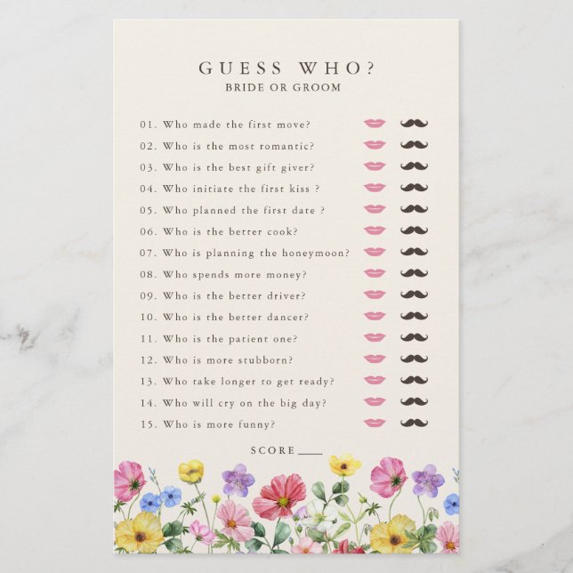 Wildflower Rustic Chic Floral Bridal Shower Game (Front)