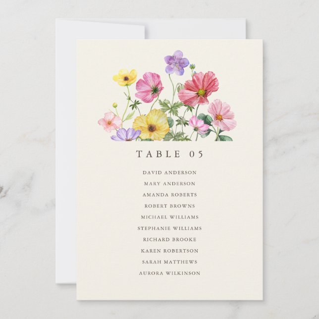 Wildflower Rustic Chic Floral  Seating Chart card (Front)