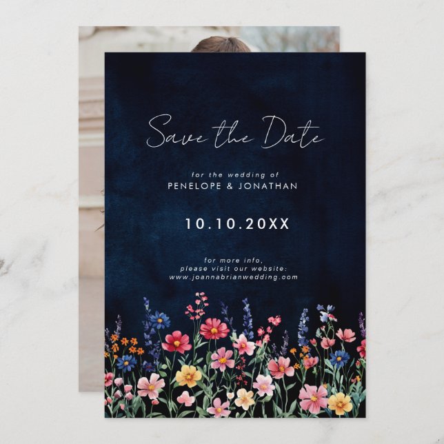 Wildflower Rustic Country Boho Floral Navy Photo Save The Date (Front/Back)