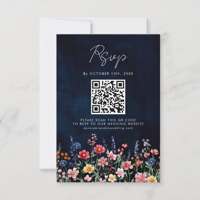 Wildflower Rustic Country Boho Floral Navy QR Code RSVP Card (Front)