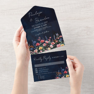 Wildflower Rustic Country Boho Floral Navy Wedding All In One Invitation