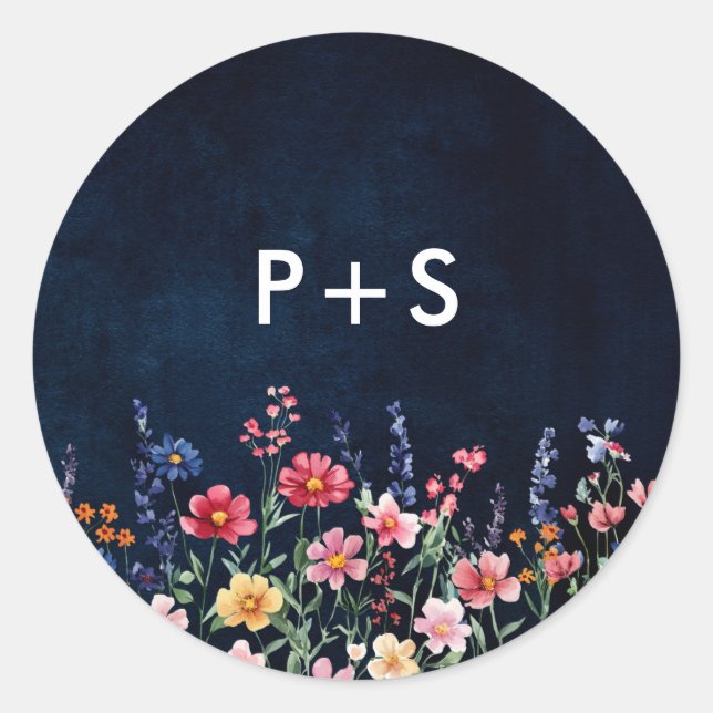 Wildflower Rustic Country Boho Floral Navy Wedding Classic Round Sticker (Front)