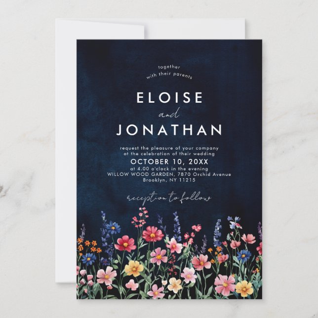 Wildflower Rustic Country Boho Floral Navy Wedding Invitation (Front)