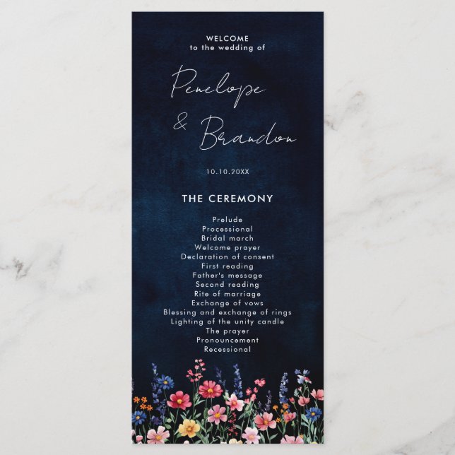 Wildflower Rustic Country Boho Floral Navy Wedding Programme (Front)