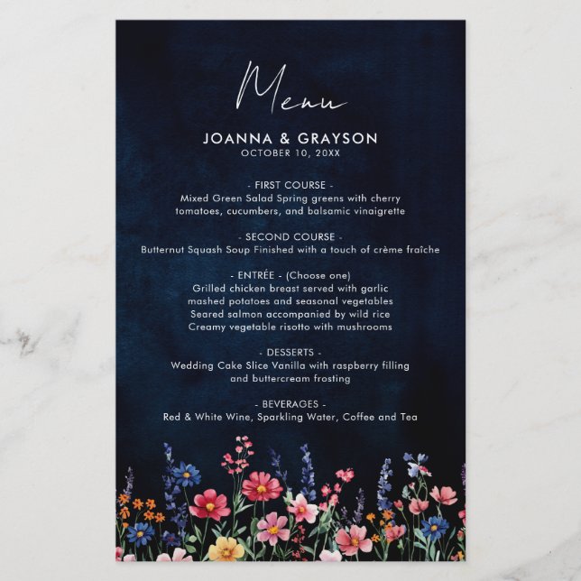 Wildflower Rustic Country Boho Floral Wedding Menu (Front)